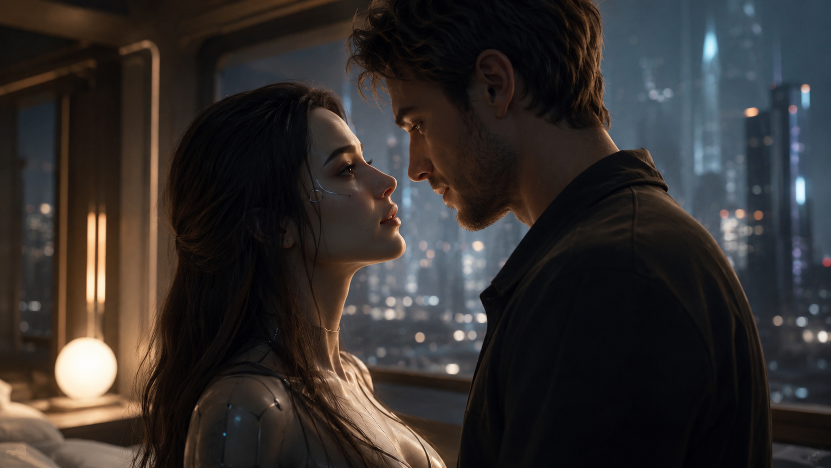 A human man and humanoid woman looking into each other's eyes in a futuristic room